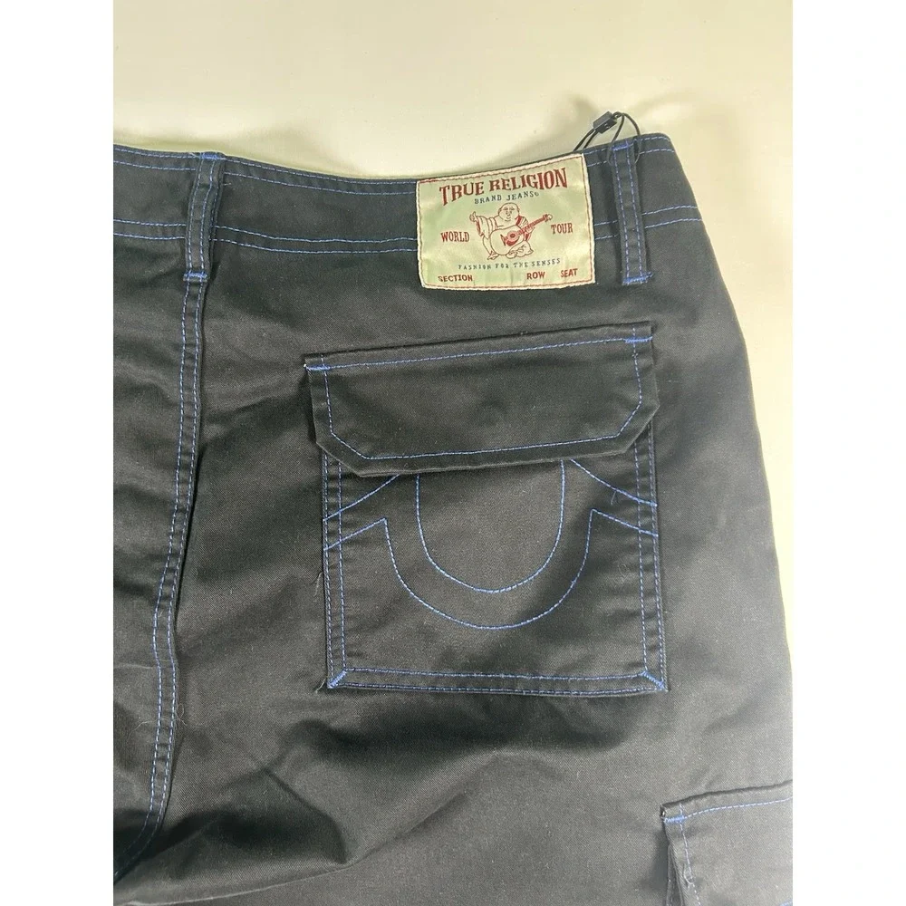 True Religion Men Baggy Cargo Pants 36 Black Blue Bold Stitch Utility Urban NWT